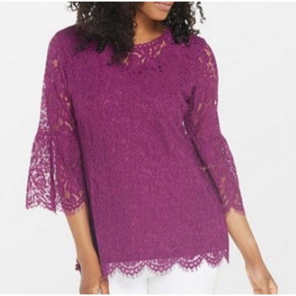 Isaac Mizrahi Women Purple Stretch Floral Lace Blouse Size S